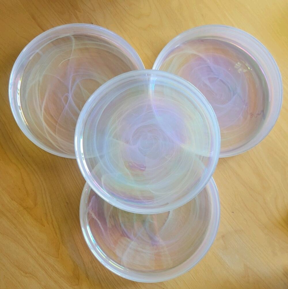 Artistic Accents White Swirl Iridescent Glass Dessert Plates 1" Lip 8.25" 4 Set
